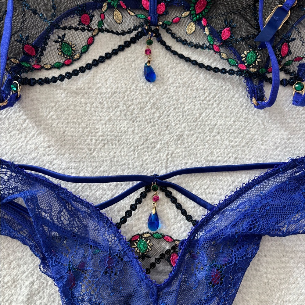 Honey Birdette Leah ! 34B , M, S, Black and Blue Embroidered Bra Set Christmas! - Picture 10 of 15